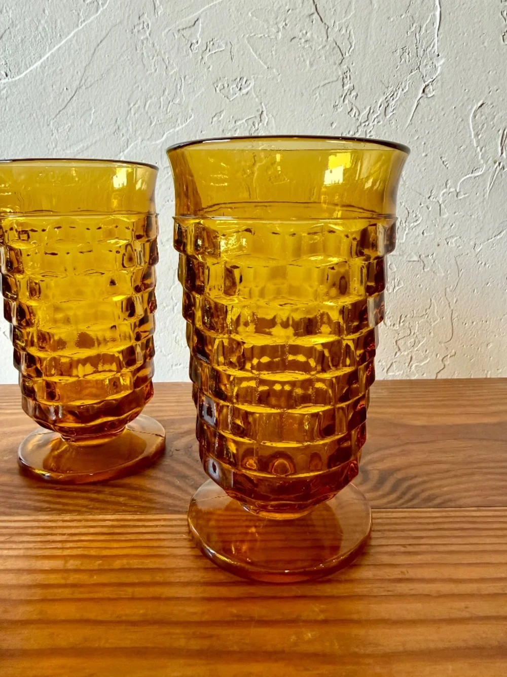 Vintage Indiana Glass Whitehall Cubist Amber Footed Tumblers – Set of 4